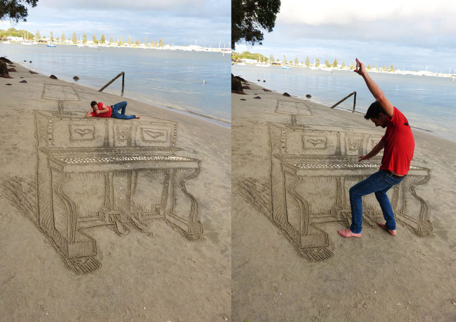 Piano anamrfico na areia da praia